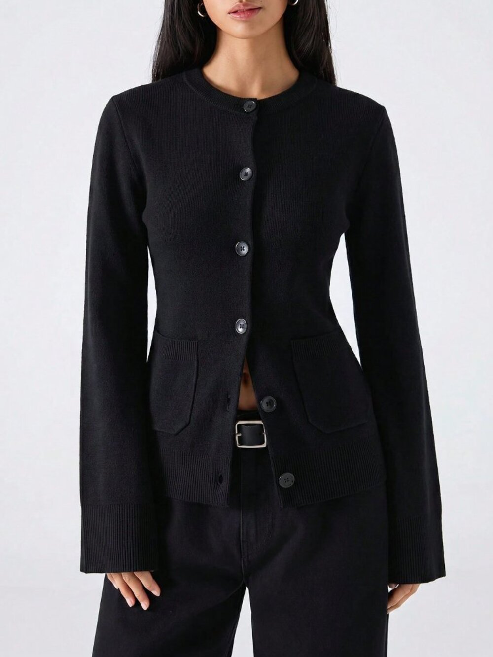 Black Casual Women's Slim Fit Office Minimalist Pocket Button Cardigan